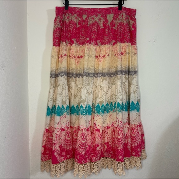 Sunndance Boho Tiered Cotton Lace Trim Maxi Skirt size XL - Picture 2 of 12